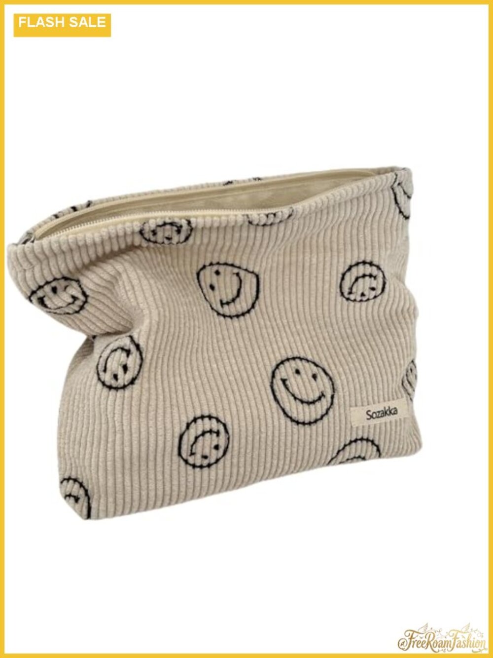 Corduroy Cosmetic Bag with Smiley Dots Design Makeup Storage Travel Pouch Cute